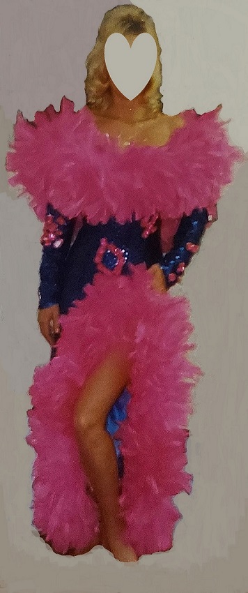 Hot Pink Feathers and Blue Sequin Glamor Gown